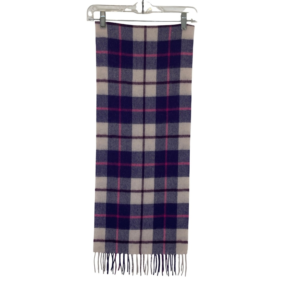 Edinburgh 100% Lambswool Plaid Scarf Pink Navy Cream Fringe Trim Scotland